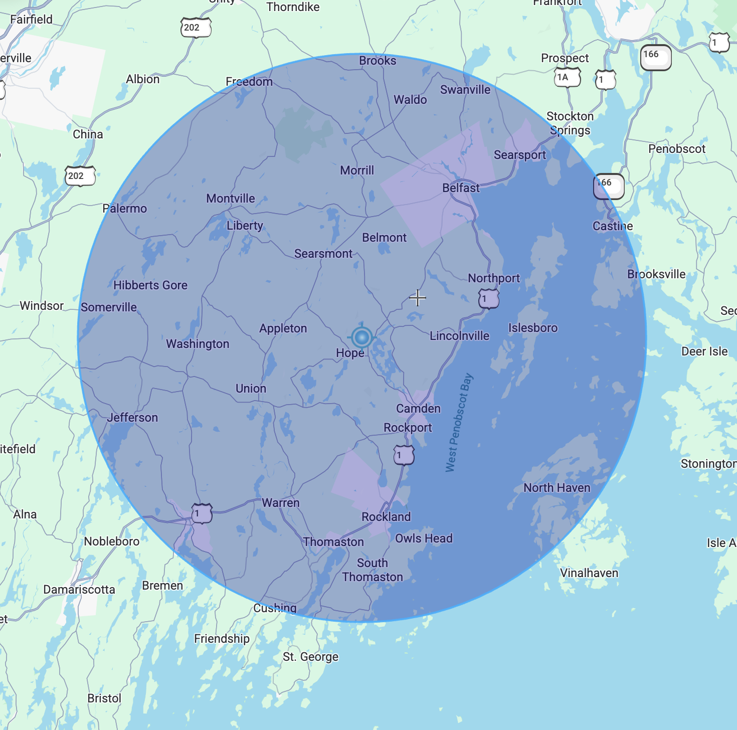 Service area map centered on Lincolnville, Maine covering Camden, Rockport, Rockland, Belfast, and surrounding Midcoast towns